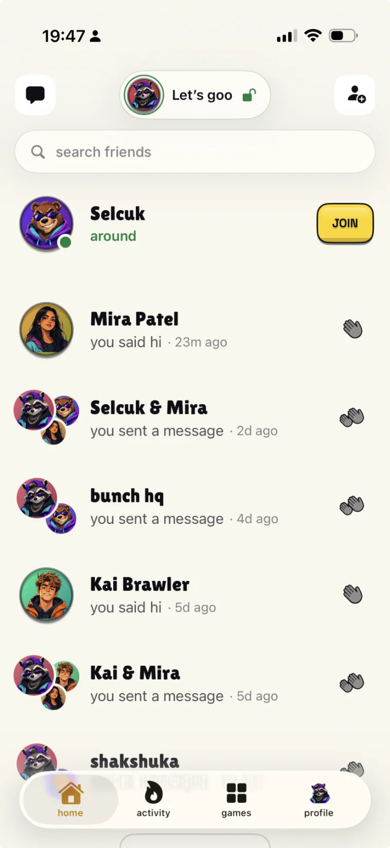The Bunch app — friends list showing who's around to hang out and play